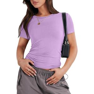 ANRABESS Women’s Short Sleeve Summer T Shirts Crew Neck Slim Fit Basic Tees 2026 Crop Tops Y2k Clothes Outfits(Purple)