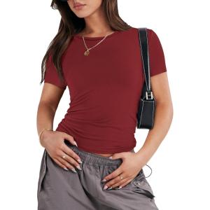 ANRABESS Women’s Short Sleeve Summer T Shirts Crew Neck Slim Fit Basic Tees 2026 Crop Tops Y2k Clothes Outfits(Red)