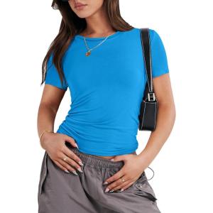 ANRABESS Women’s Short Sleeve Summer T Shirts Crew Neck Slim Fit Basic Tees 2026 Crop Tops Y2k Clothes Outfits(Royal Blue)