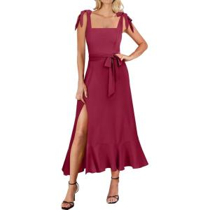 ANRABESS Women’s Square Neck Ruffle Split Midi Elegant Formal Wedding Guest Cocktail Bridesmaid Graduation Party Dresses(Dark Red)
