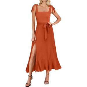 ANRABESS Women’s Square Neck Ruffle Split Midi Elegant Formal Wedding Guest Cocktail Bridesmaid Graduation Party Dresses(Orange)
