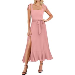 ANRABESS Women’s Square Neck Ruffle Split Midi Elegant Formal Wedding Guest Cocktail Bridesmaid Graduation Party Dresses(Pink)
