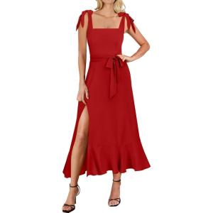 ANRABESS Women’s Square Neck Ruffle Split Midi Elegant Formal Wedding Guest Cocktail Bridesmaid Graduation Party Dresses(Red)
