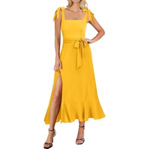 ANRABESS Women’s Square Neck Ruffle Split Midi Elegant Formal Wedding Guest Cocktail Bridesmaid Graduation Party Dresses(Yellow)
