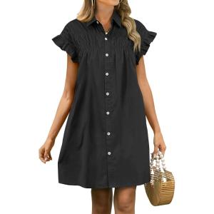 ANRABESS Womens Summer Button Down Shirt Dress Ruffle Short Sleeve Mini Dresses Loose Fit Casual Sundress with Pockets(Black)