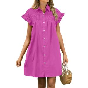 ANRABESS Womens Summer Button Down Shirt Dress Ruffle Short Sleeve Mini Dresses Loose Fit Casual Sundress with Pockets(Hot Pink)