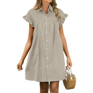 ANRABESS Womens Summer Button Down Shirt Dress Ruffle Short Sleeve Mini Dresses Loose Fit Casual Sundress with Pockets(Khaki)