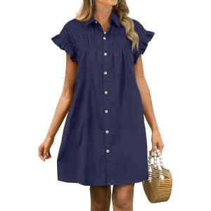 ANRABESS Womens Summer Button Down Shirt Dress Ruffle Short Sleeve Mini Dresses Loose Fit Casual Sundress with Pockets(Navy Blue)