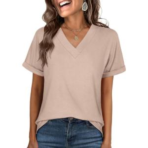 ANRABESS Womens T Shirts Short Sleeve V Neck Shirts Summer Loose Fit Dressy Tops Business Casual Blouses 2025 Basic Tees(Almond)