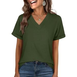 ANRABESS Womens T Shirts Short Sleeve V Neck Shirts Summer Loose Fit Dressy Tops Business Casual Blouses 2025 Basic Tees(Army Green)