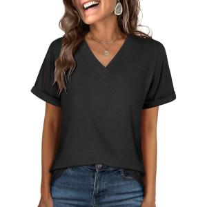ANRABESS Womens T Shirts Short Sleeve V Neck Shirts Summer Loose Fit Dressy Tops Business Casual Blouses 2025 Basic Tees(Black)