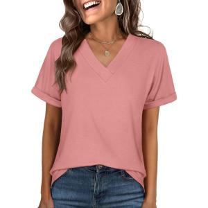 ANRABESS Womens T Shirts Short Sleeve V Neck Shirts Summer Loose Fit Dressy Tops Business Casual Blouses 2025 Basic Tees(Coral)