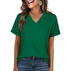 ANRABESS Womens T Shirts Short Sleeve V Neck Shirts Summer Loose Fit Dressy Tops Business Casual Blouses 2025 Basic Tees(Green)