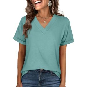 ANRABESS Womens T Shirts Short Sleeve V Neck Shirts Summer Loose Fit Dressy Tops Business Casual Blouses 2025 Basic Tees(Green Blue)