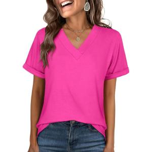 ANRABESS Womens T Shirts Short Sleeve V Neck Shirts Summer Loose Fit Dressy Tops Business Casual Blouses 2025 Basic Tees(Hot Pink)