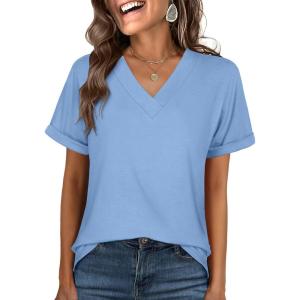 ANRABESS Womens T Shirts Short Sleeve V Neck Shirts Summer Loose Fit Dressy Tops Business Casual Blouses 2025 Basic Tees(Light Blue)