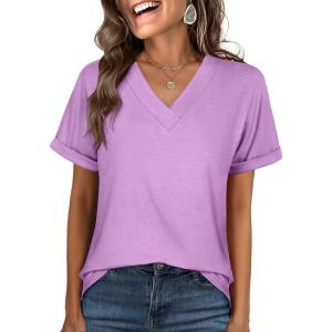 ANRABESS Womens T Shirts Short Sleeve V Neck Shirts Summer Loose Fit Dressy Tops Business Casual Blouses 2025 Basic Tees(Light Purple)