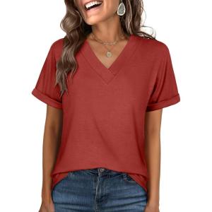 ANRABESS Womens T Shirts Short Sleeve V Neck Shirts Summer Loose Fit Dressy Tops Business Casual Blouses 2025 Basic Tees(Red)