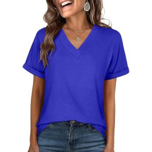 ANRABESS Womens T Shirts Short Sleeve V Neck Shirts Summer Loose Fit Dressy Tops Business Casual Blouses 2025 Basic Tees(Royal Blue)