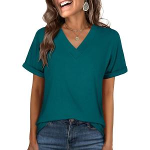 ANRABESS Womens T Shirts Short Sleeve V Neck Shirts Summer Loose Fit Dressy Tops Business Casual Blouses 2025 Basic Tees(Teal)