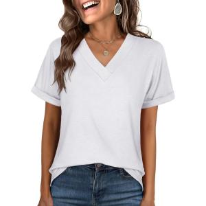 ANRABESS Womens T Shirts Short Sleeve V Neck Shirts Summer Loose Fit Dressy Tops Business Casual Blouses 2025 Basic Tees(White)