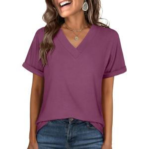 ANRABESS Womens T Shirts Short Sleeve V Neck Shirts Summer Loose Fit Dressy Tops Business Casual Blouses 2025 Basic Tees(Wine Red)
