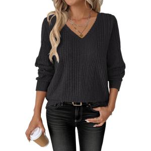 ANRABESS Womens V Neck Sweaters 2025 Fall Long Sleeve Shirts Lightweight Ribbed Knit Basic Casual Office Work Tunic Tops(Black)