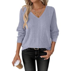 ANRABESS Womens V Neck Sweaters 2025 Fall Long Sleeve Shirts Lightweight Ribbed Knit Basic Casual Office Work Tunic Tops(Blue)