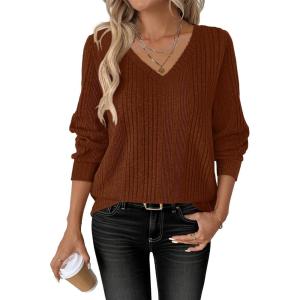 ANRABESS Womens V Neck Sweaters 2025 Fall Long Sleeve Shirts Lightweight Ribbed Knit Basic Casual Office Work Tunic Tops(Burnt Orange)