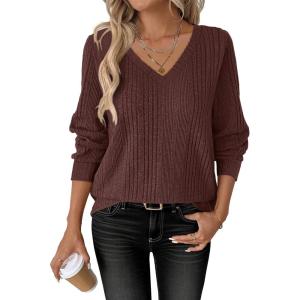 ANRABESS Womens V Neck Sweaters 2025 Fall Long Sleeve Shirts Lightweight Ribbed Knit Basic Casual Office Work Tunic Tops(Deep Brown)