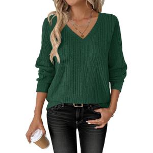 ANRABESS Womens V Neck Sweaters 2025 Fall Long Sleeve Shirts Lightweight Ribbed Knit Basic Casual Office Work Tunic Tops(Deep Green)