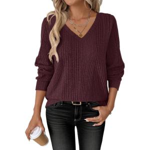 ANRABESS Womens V Neck Sweaters 2025 Fall Long Sleeve Shirts Lightweight Ribbed Knit Basic Casual Office Work Tunic Tops(Deep Red)