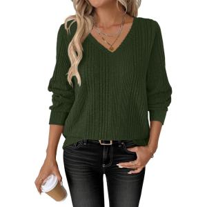 ANRABESS Womens V Neck Sweaters 2025 Fall Long Sleeve Shirts Lightweight Ribbed Knit Basic Casual Office Work Tunic Tops(Green)