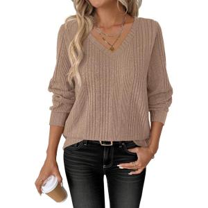 ANRABESS Womens V Neck Sweaters 2025 Fall Long Sleeve Shirts Lightweight Ribbed Knit Basic Casual Office Work Tunic Tops(Khaki)