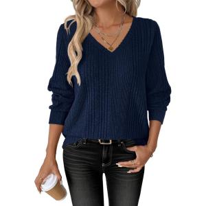 ANRABESS Womens V Neck Sweaters 2025 Fall Long Sleeve Shirts Lightweight Ribbed Knit Basic Casual Office Work Tunic Tops(Navy Blue)