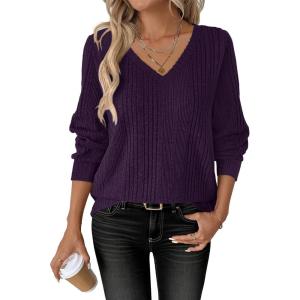ANRABESS Womens V Neck Sweaters 2025 Fall Long Sleeve Shirts Lightweight Ribbed Knit Basic Casual Office Work Tunic Tops(Purple)