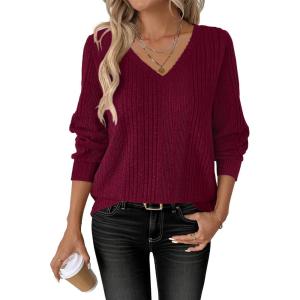 ANRABESS Womens V Neck Sweaters 2025 Fall Long Sleeve Shirts Lightweight Ribbed Knit Basic Casual Office Work Tunic Tops(Red)