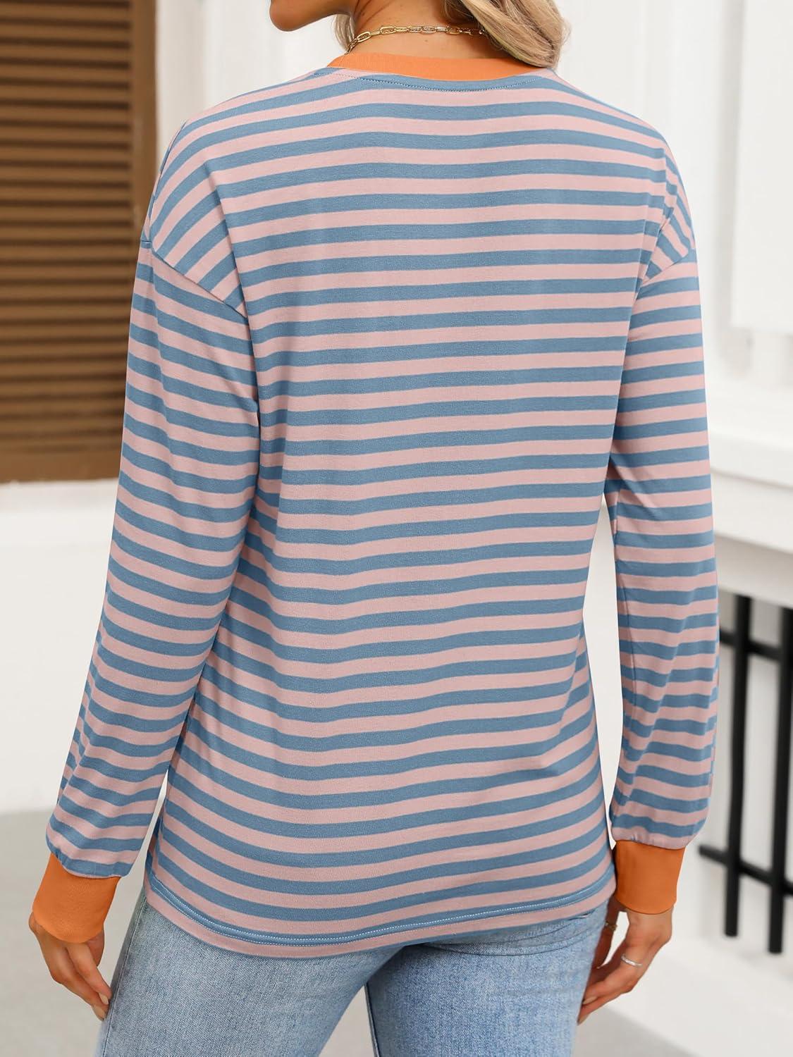 imageANRABESS Long Sleeve Shirts for Women Striped Crewneck Loose Fit Tunic Tops 2025 Fall Color Block TShirtBlue Stripes Combo