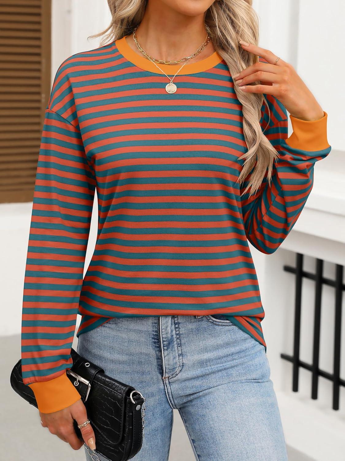 imageANRABESS Long Sleeve Shirts for Women Striped Crewneck Loose Fit Tunic Tops 2025 Fall Color Block TShirtBright Orange Stripes Combo