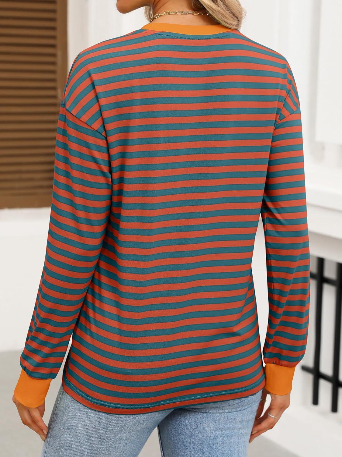 imageANRABESS Long Sleeve Shirts for Women Striped Crewneck Loose Fit Tunic Tops 2025 Fall Color Block TShirtBright Orange Stripes Combo