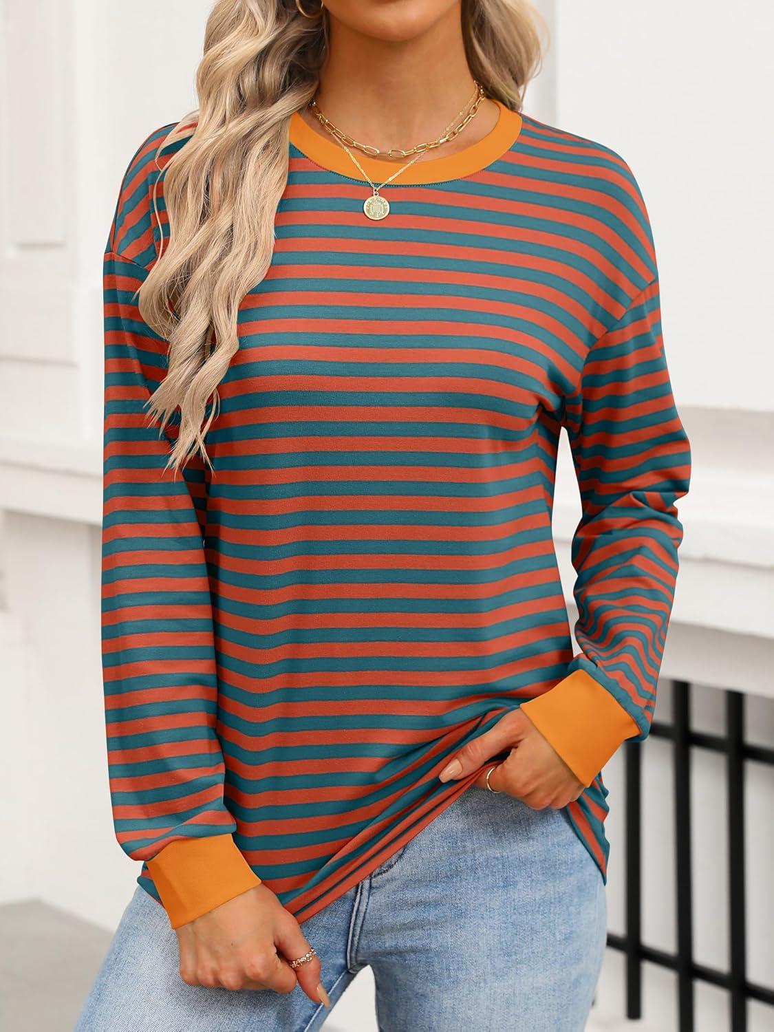 imageANRABESS Long Sleeve Shirts for Women Striped Crewneck Loose Fit Tunic Tops 2025 Fall Color Block TShirtBright Orange Stripes Combo