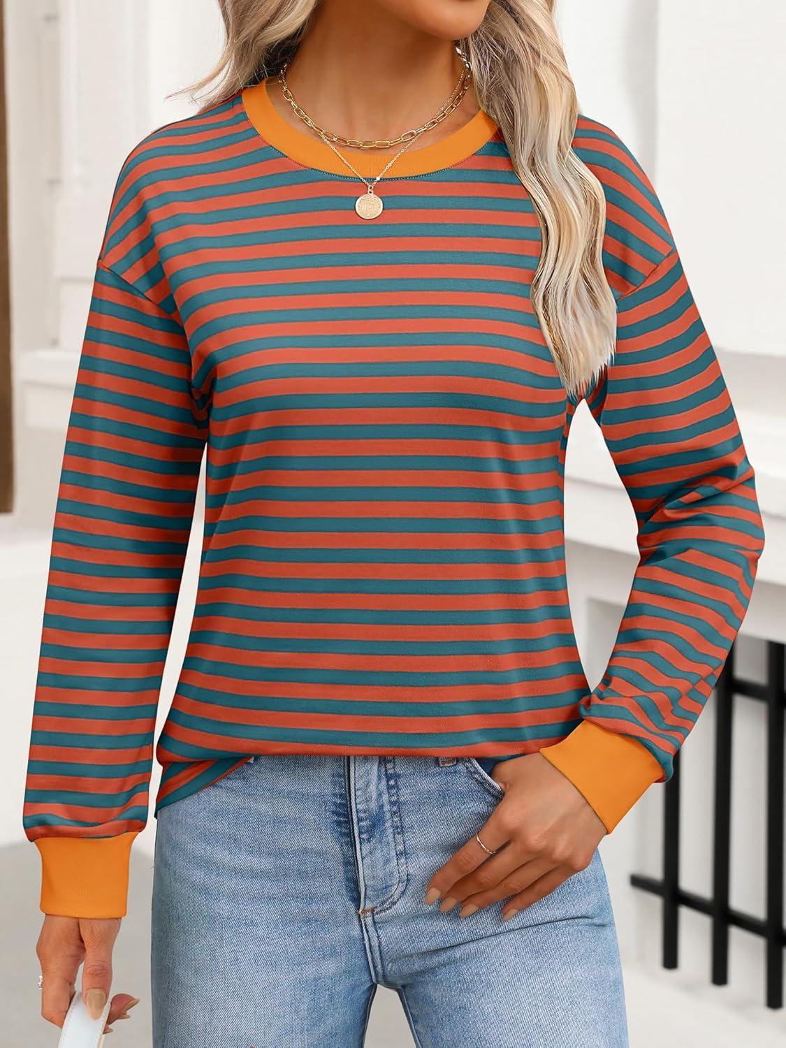 imageANRABESS Long Sleeve Shirts for Women Striped Crewneck Loose Fit Tunic Tops 2025 Fall Color Block TShirtBright Orange Stripes Combo