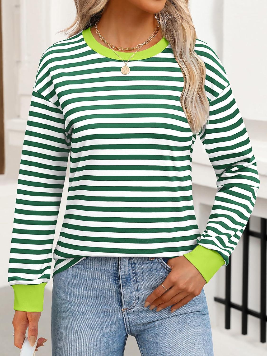 imageANRABESS Long Sleeve Shirts for Women Striped Crewneck Loose Fit Tunic Tops 2025 Fall Color Block TShirtGreen Stripes Combo