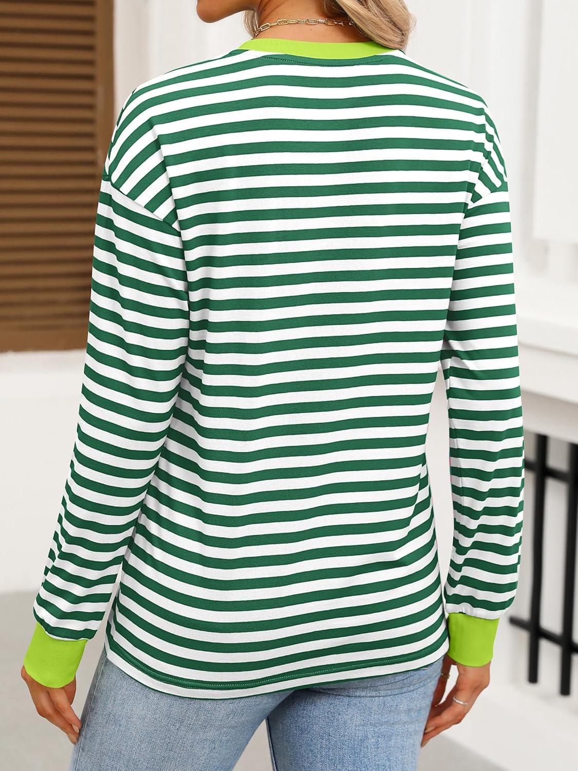 imageANRABESS Long Sleeve Shirts for Women Striped Crewneck Loose Fit Tunic Tops 2025 Fall Color Block TShirtGreen Stripes Combo