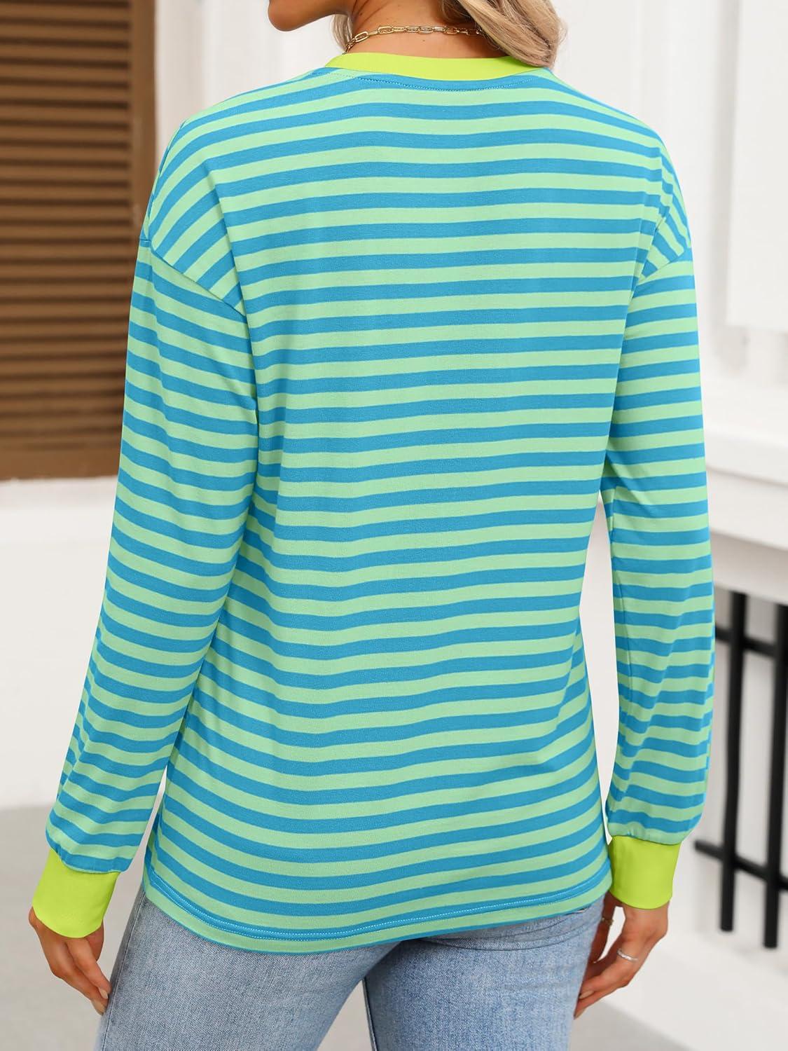 imageANRABESS Long Sleeve Shirts for Women Striped Crewneck Loose Fit Tunic Tops 2025 Fall Color Block TShirtLight Green Stripes Combo