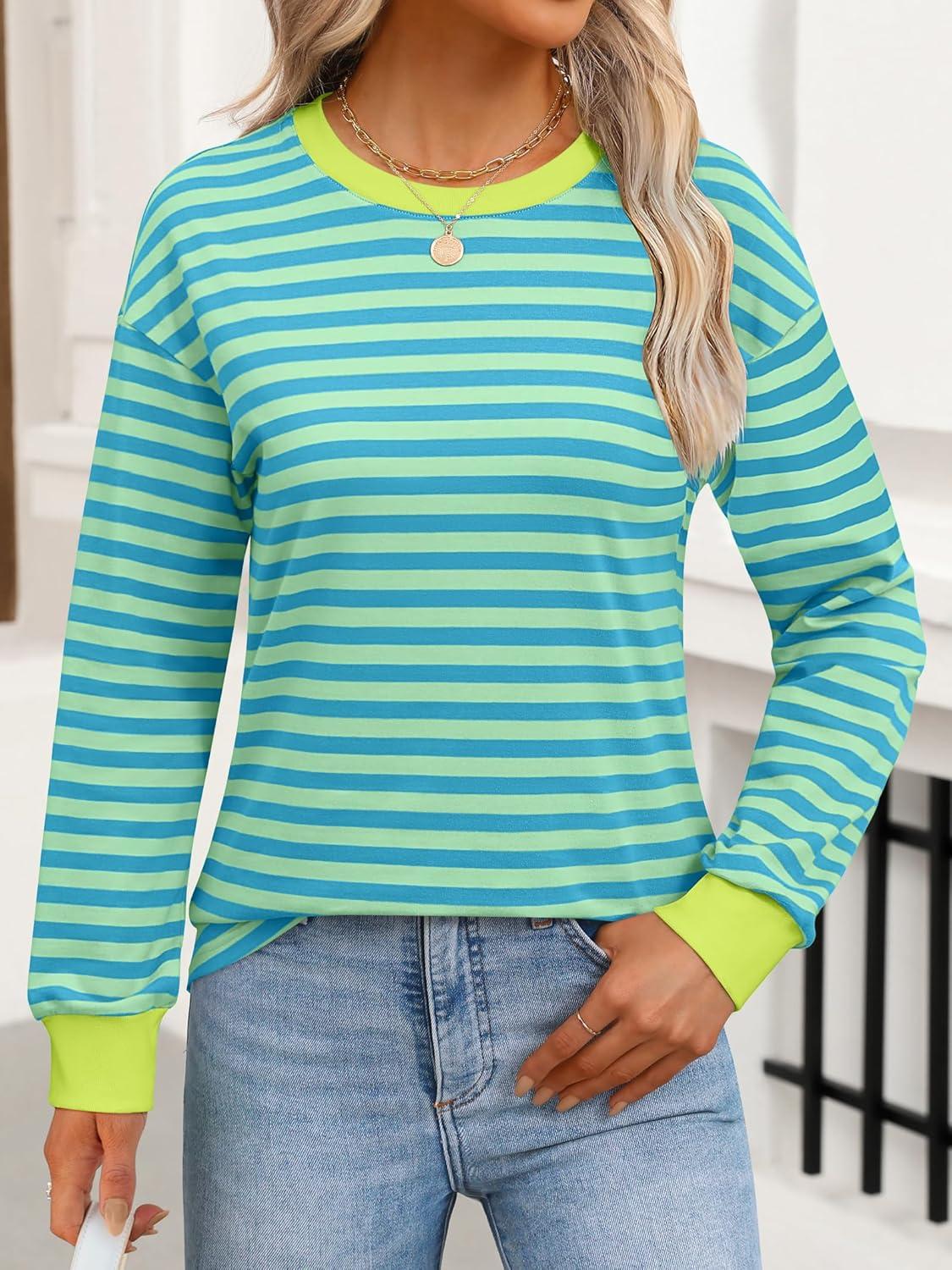 imageANRABESS Long Sleeve Shirts for Women Striped Crewneck Loose Fit Tunic Tops 2025 Fall Color Block TShirtLight Green Stripes Combo