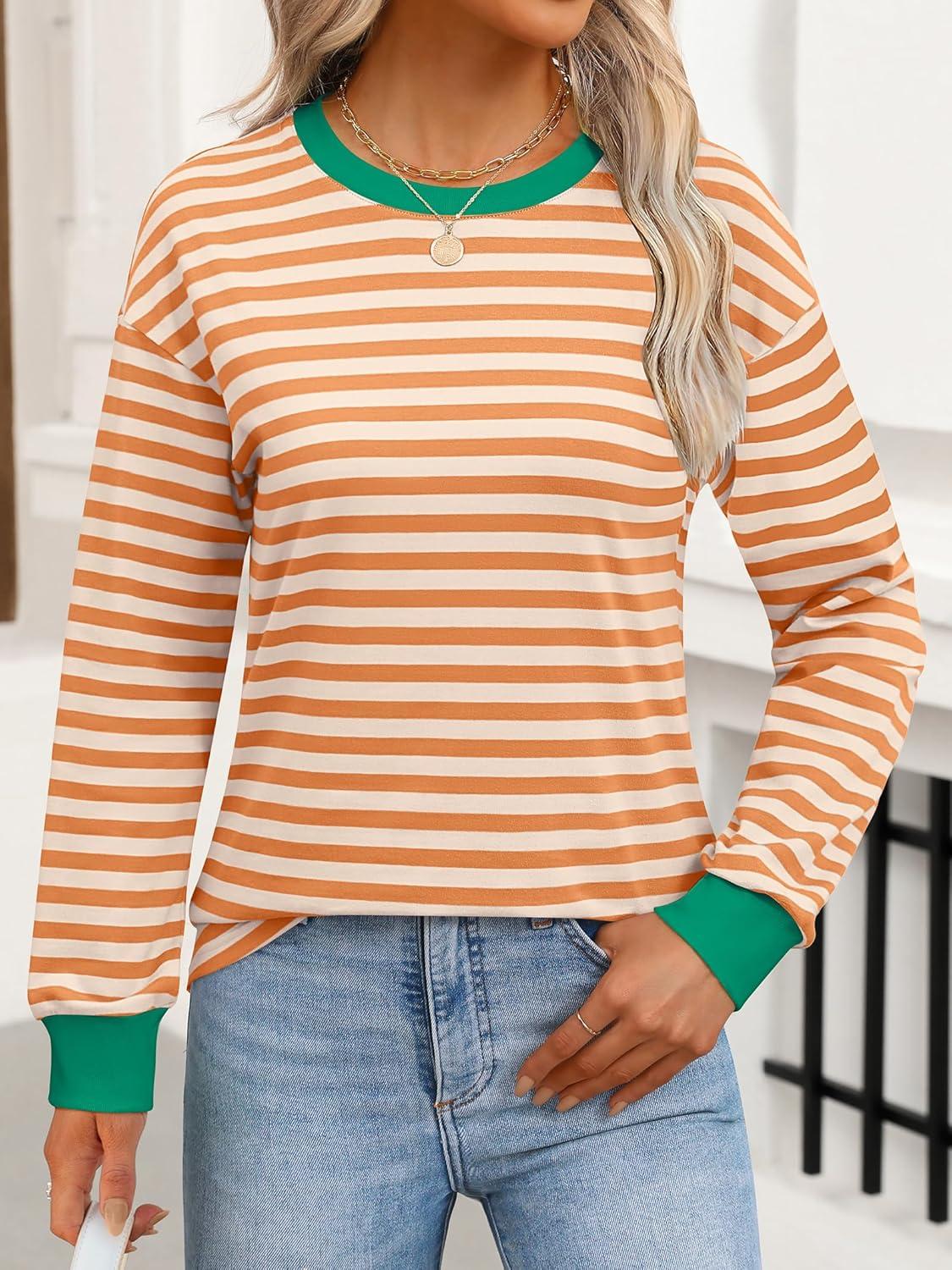 imageANRABESS Long Sleeve Shirts for Women Striped Crewneck Loose Fit Tunic Tops 2025 Fall Color Block TShirtOrange Stripes Combo