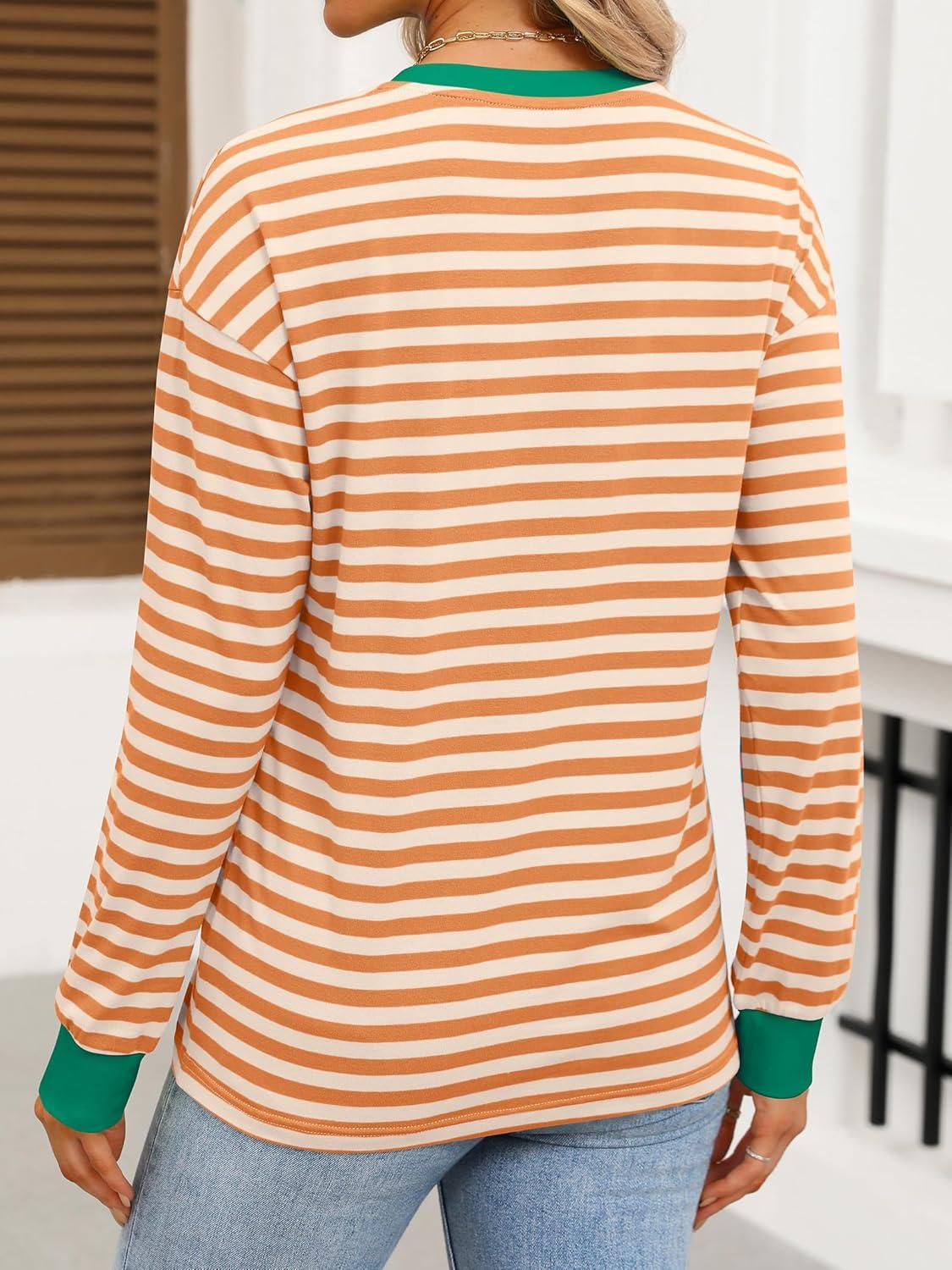 imageANRABESS Long Sleeve Shirts for Women Striped Crewneck Loose Fit Tunic Tops 2025 Fall Color Block TShirtOrange Stripes Combo