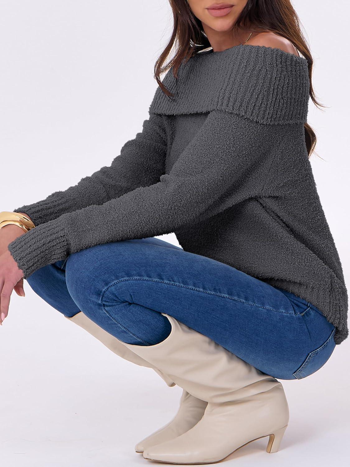 imageANRABESS Off The Shoulder Sweaters for Women 2025 Fall Turtleneck Long Sleeve Fuzzy Knit Warm Casual Winter SweaterDeep Gray