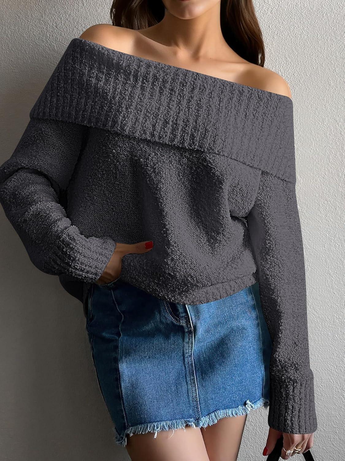imageANRABESS Off The Shoulder Sweaters for Women 2025 Fall Turtleneck Long Sleeve Fuzzy Knit Warm Casual Winter SweaterDeep Gray